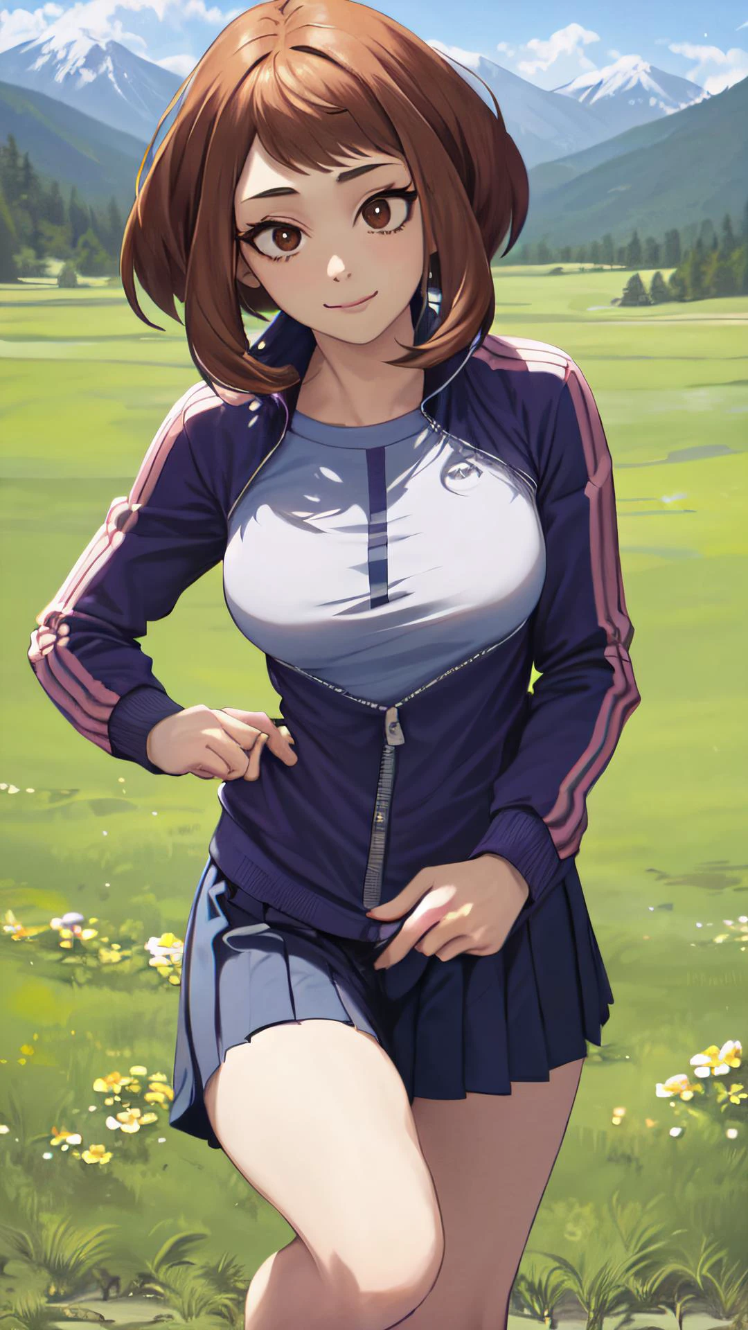 2d, masterpiece, best quality, anime, intricate iris, anime style, extremely detailed face, beautiful face, (detailed eyes, deep eyes),
(standing ),
(looking at viewer, (seductive smile, closed mouth, in heat), face focus, ),
beautiful lips, full lips,
(grassland, mountain,
(medium breasts:1.2, ) ,
<lora:uraraka_ochako:1> , (uraraka_ochako,, flower print t-shirt, sidelocks, knee high pleated skirt, <lora:HardZippingV1:1> ,track jacket, zipping, jacket tug, clothes tug,