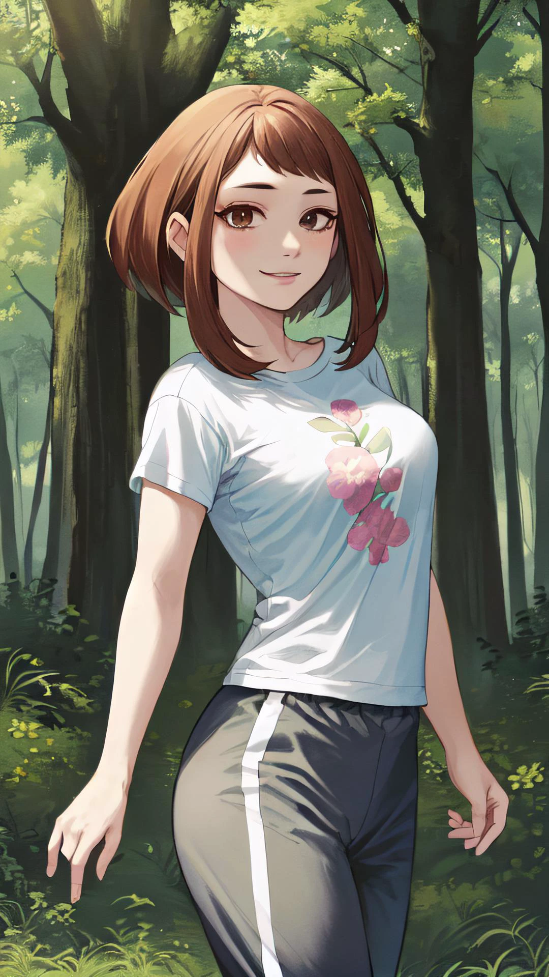 2d, masterpiece, best quality, anime, intricate iris, anime style, extremely detailed face, beautiful face, (detailed eyes, deep eyes),
(standing ),
(looking at viewer, (seductive smile, closed mouth, in heat), face focus, ),
beautiful lips, full lips,
(grassland, forest,
(medium breasts:1.2, ) ,
<lora:uraraka_ochako:1> , (uraraka_ochako,, flower print t-shirt, sidelocks, shirt black and white track pants),