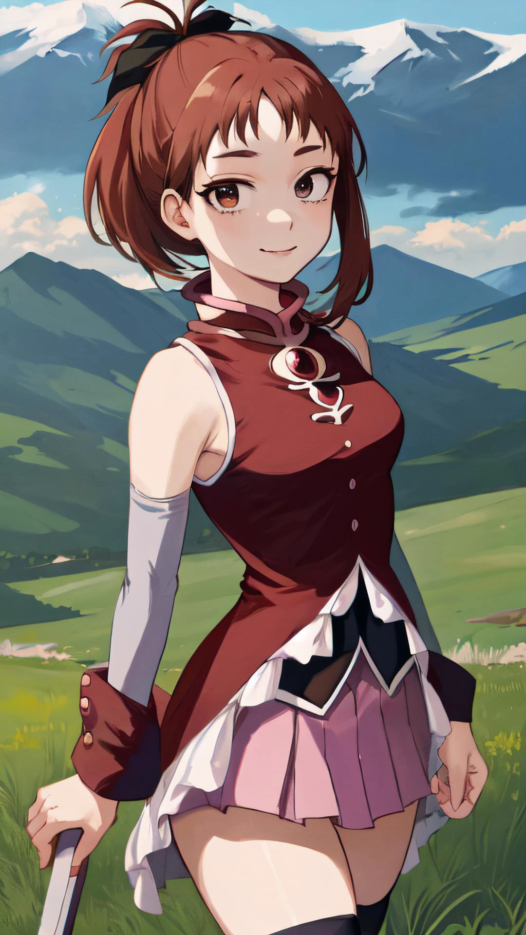 2d, masterpiece, best quality, anime, intricate iris, anime style, extremely detailed face, beautiful face, (detailed eyes, deep eyes),
(standing ),
(looking at viewer, (seductive smile, closed mouth, in heat), face focus, ),
beautiful lips, full lips,
(grassland, mountain),
(medium breasts:1.2, ) ,
<lora:uraraka_ochako:1> , (uraraka_ochako, sidelocks, ), <lora:cos-MadokaCostumePackV1_2:1> , (kyouko outfit),