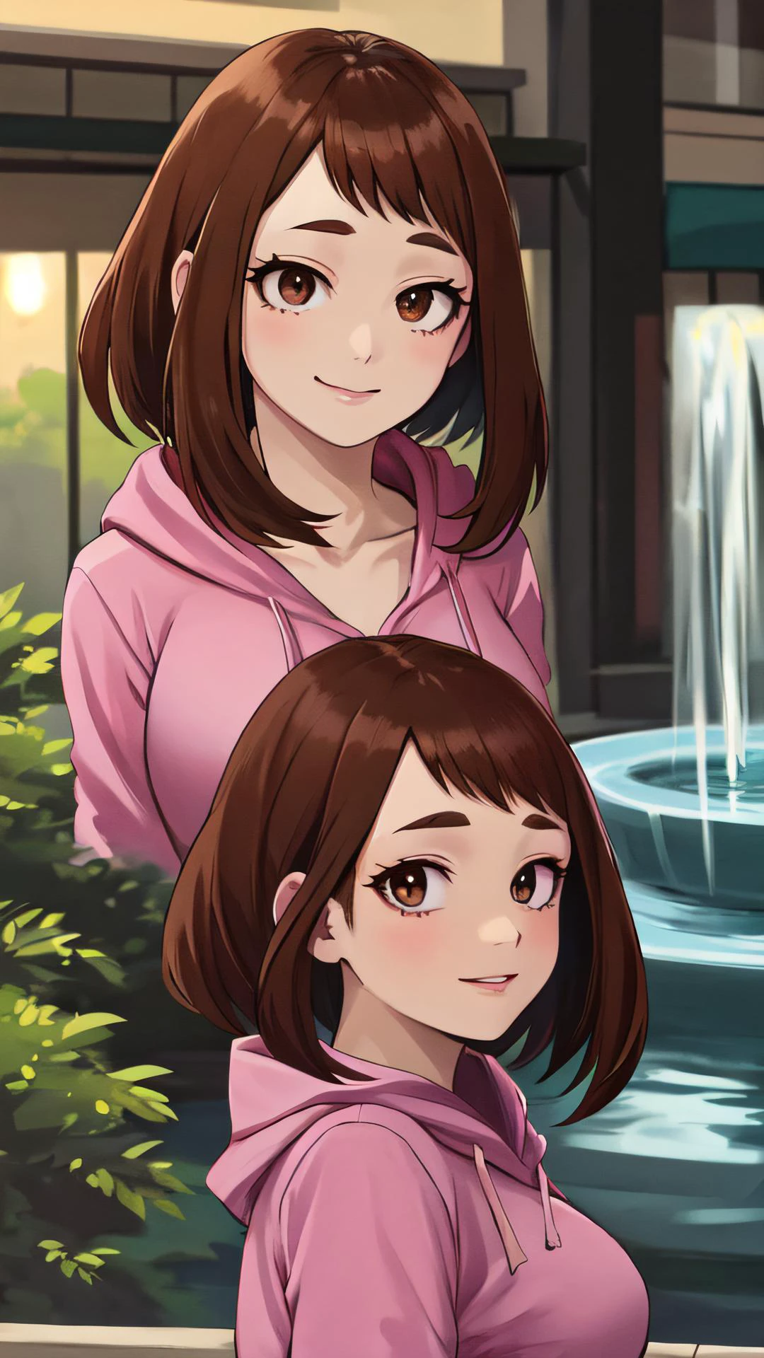 2d, masterpiece, best quality, anime, intricate iris, anime style, extremely detailed face, beautiful face, (detailed eyes, deep eyes),
(upper body ),
(looking at viewer, (seductive smile, closed mouth, in heat), face focus, ),
beautiful lips, full lips,
(mall, indoor fountain),
(medium breasts:1.2, ) ,
<lora:uraraka_ochako:1> , (uraraka_ochako,, pink hoodie, sidelocks, shirt black and white track pants),