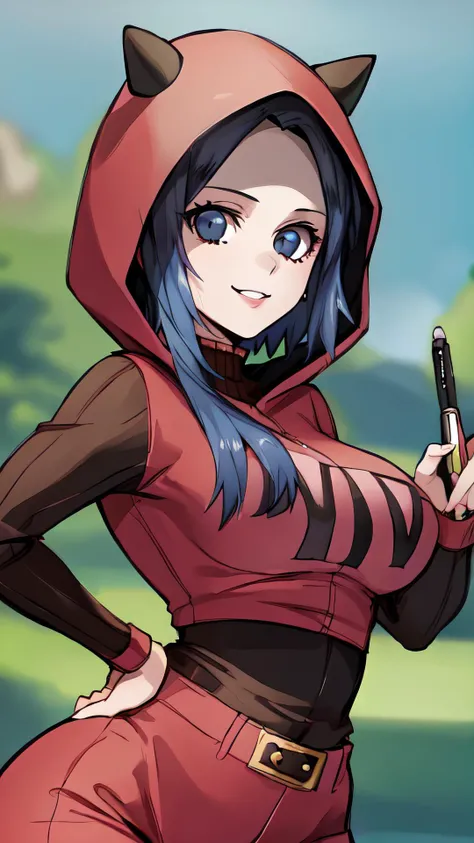 2d, masterpiece, best quality, anime, intricate iris, anime style, shiny skin,
(standing, hands on hip),
(looking at viewer, ( smile, ),  upper body, face focus,),
beautiful lips, full lips,
(caves, trail, cliff), 
(),
(:1.2, wide , narrow waist, ) ,
 <lora:ShinobuDBA:1> ,ShinobuDB,  (tmgoutfit, hood, fake horns), <lora:teammagmagrunt-nvwls-v1:1> ,  <lora:0pen3:1> ,0pen,