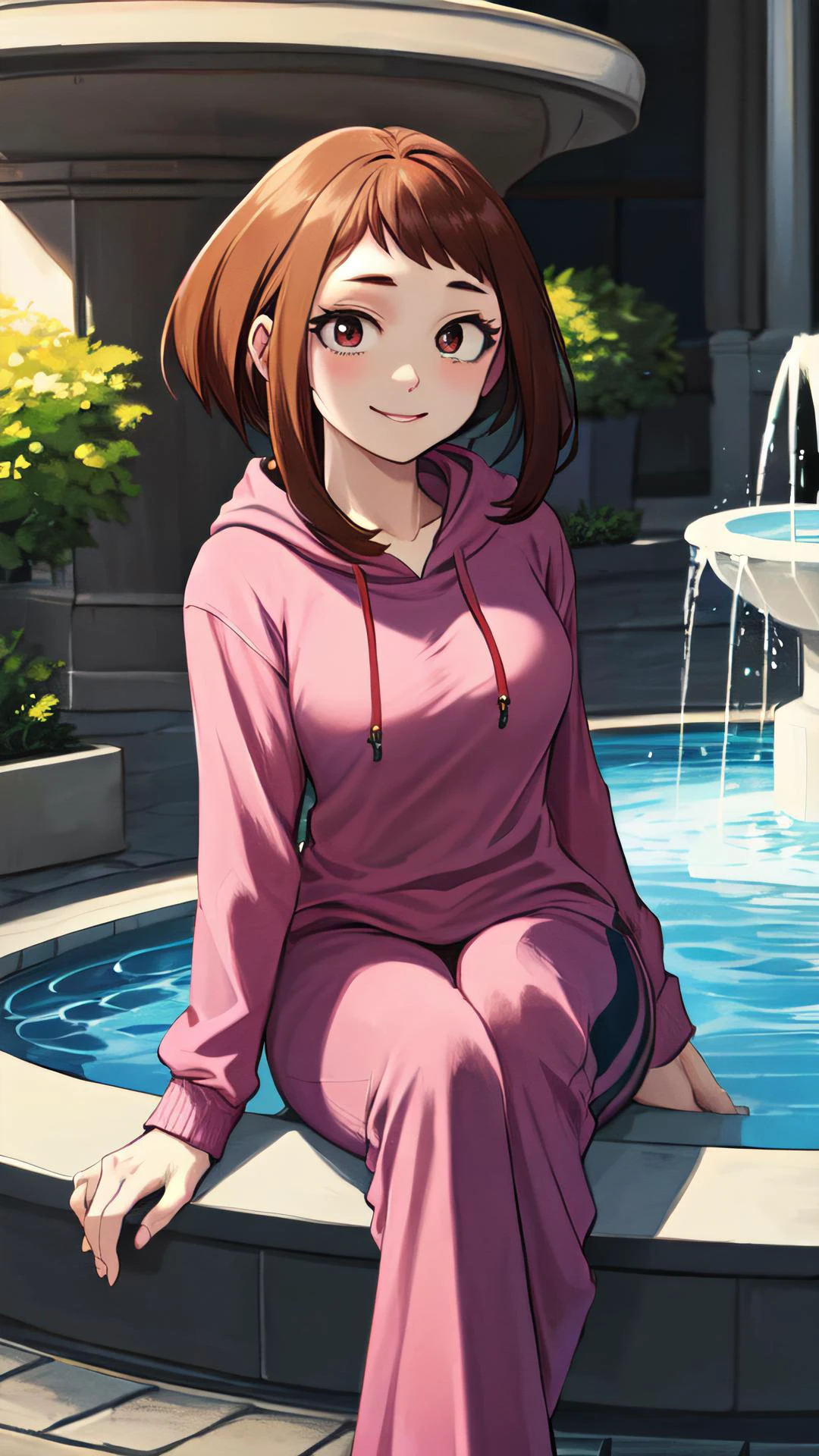 2d, masterpiece, best quality, anime, intricate iris, anime style, extremely detailed face, beautiful face, (detailed eyes, deep eyes),
(sitting on fountain ),
(looking at viewer, (seductive smile, closed mouth, in heat), face focus, ),
beautiful lips, full lips,
(mall, indoor fountain),
(medium breasts:1.2, ) ,
<lora:uraraka_ochako:1> , (uraraka_ochako,, pink hoodie, sidelocks, shirt black and white track pants),