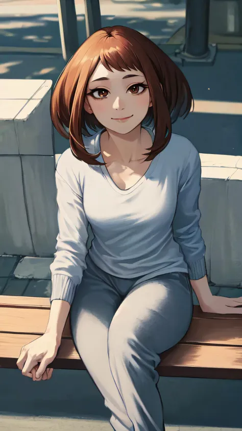 2d, masterpiece, best quality, anime, intricate iris, anime style, extremely detailed face, beautiful face, (detailed eyes, deep eyes),
(sitting on bench ),
(looking at viewer, (seductive smile, closed mouth, in heat), face focus, ),
beautiful lips, full lips,
(town, street),
(medium breasts:1.2,  ) ,
 <lora:uraraka_ochako:1> , (uraraka_ochako,, white t-shirt, opened cardigan, sidelocks, shirt black and white track pants),