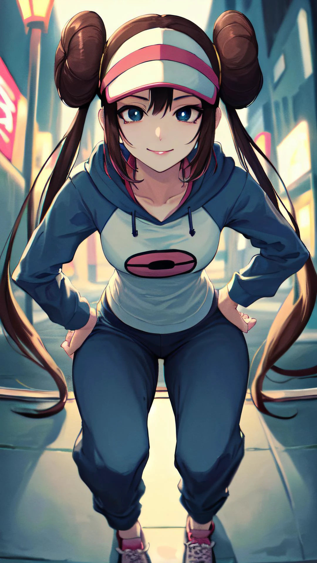2d, masterpiece, best quality, anime, intricate iris, anime style, extremely detailed face, beautiful face, (detailed eyes, deep eyes),
(sitting, hands on hip ),
(looking at viewer, (seductive smile, closed mouth, in heat), close-up:1.5, face focus, top view ),
beautiful lips, full lips,
(downtown, street sign, street lamp),
(breasts:1.2, wide hips, narrow waist, ) ,
<lora:rosa:1> , (rosa, long hair, hair bun, twintails, double bun, looking at viewer, very long hair,), hoodie, shirt, track pants, visor