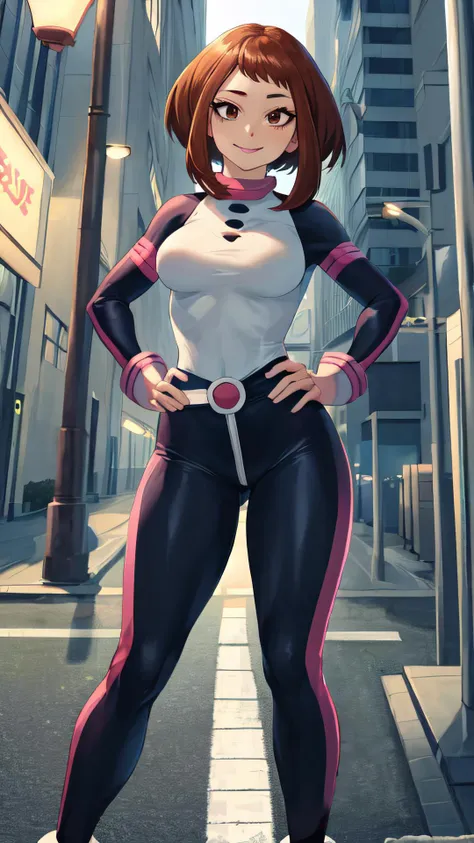 2d, masterpiece, best quality, anime, intricate iris, anime style, extremely detailed face, beautiful face, (detailed eyes, deep eyes),
(sitting, hands on hip ),
(looking at viewer, (seductive smile, closed mouth, in heat), close-up:1.5, face focus, top view ),
beautiful lips, full lips,
(downtown, street sign, street lamp),
(breasts:1.2, wide hips, narrow waist, ) ,
<lora:uraraka_ochako:1> , (uraraka_ochako, bodysuit, sidelocks, shirt),
