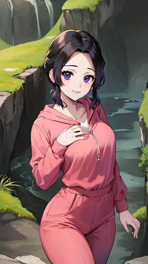 2d, masterpiece, best quality, anime, intricate iris, anime style, shiny skin,
24 years old girl, milf,
(standing, hand on chest),
(looking at viewer, (seductive smile, closed mouth, in heat), upper body, face focus,),
beautiful lips, full lips,
(caves, trail, cliff),
(yellow shirt, pink hoodie, pink track pants),
(medium breasts:1.2, wide hips, narrow waist, ) ,
<lora:ShinobuDBA:1> ,ShinobuDB,