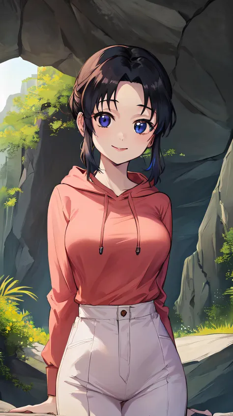 2d, masterpiece, best quality, anime, intricate iris, anime style, shiny skin,
(standing, hand on breasts),
(looking at viewer, (seductive smile, closed mouth, in heat),  upper body, face focus,),
beautiful lips, full lips,
(caves, trail, cliff), 
(yellow shirt, pink hoodie),
(medium breasts:1.2, wide hips, narrow waist, ) ,
 <lora:ShinobuDBA:1> ,ShinobuDB,