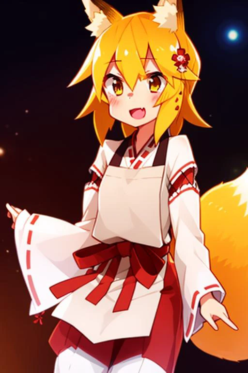 <lora:senkoLora_v4:1> 1girl, ;d, animal ear fluff, animal ears, between legs, blonde hair, blush, brown eyes, fang, feeding, flower, fox ears, fox tail, hair between eyes, hair flower, japanese clothes, meme, miko, open mouth, sen, sen-anime, sen-manga, short hair, solo, tail, very long hair, wide sleeves