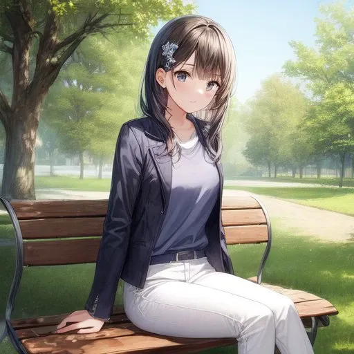 ((masterpiece, best quality,)) american shot , 1girl, hairs, hairs, blue , black shirt, white jacket, white pants, , sitting on a bench, hair ornament, tree, park, <lora:add_detail:0.6>,