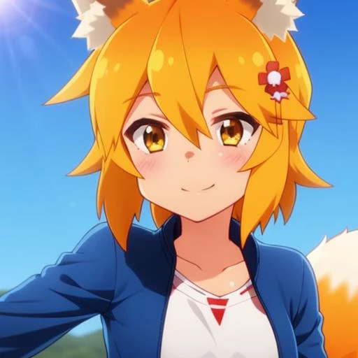 (track:1.3), blue sky, (on a motorcycle:1.3), <lora:senkoLora_v4:1> 1girl, sen, animal ears, fox ears, fox girl, fox tail, hair flower, hair ornament, orange eyes, orange hair, short hair, tail, smile, looks the viewer, upper body
