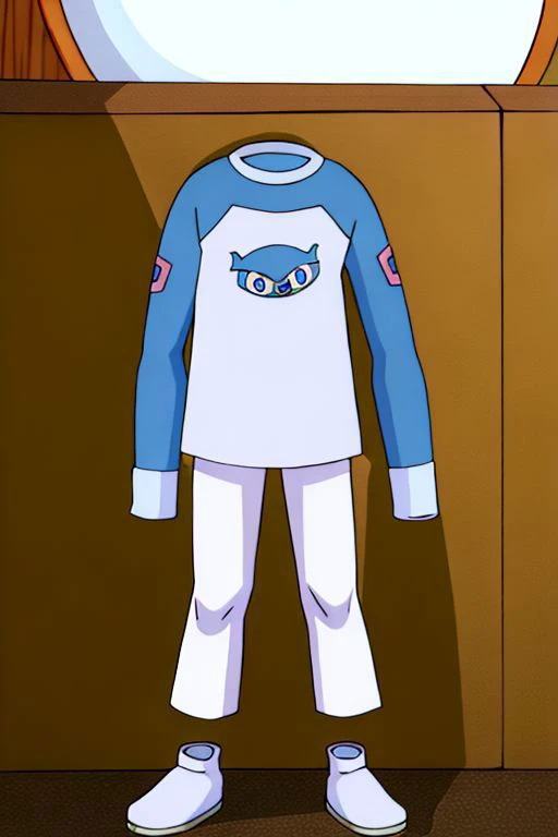 digimon, anime screencap, masterpiece, nice hands, best quality, 1girl, gwendolyn_tennyson, (no humans:2), earrings, white pants, pants, raglan sleeves, long sleeves, shirt, full body, headless, faceless
