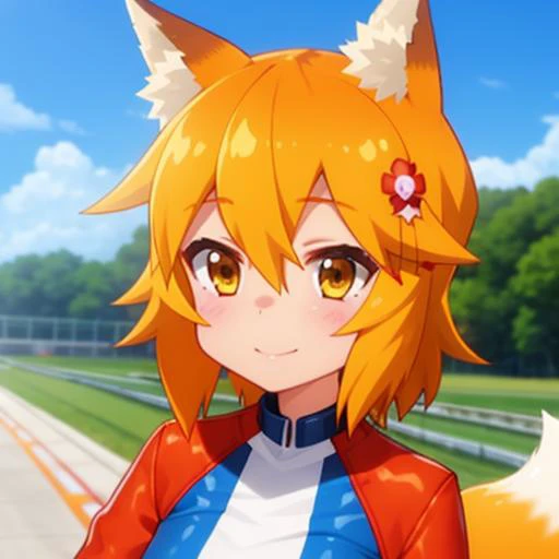(track:1.3), blue sky, (on a motorcycle:1.3), <lora:senkoLora_v4:1> 1girl, sen, animal ears, fox ears, fox girl, fox tail, hair flower, hair ornament, orange eyes, orange hair, short hair, tail, smile, looks the viewer, upper body