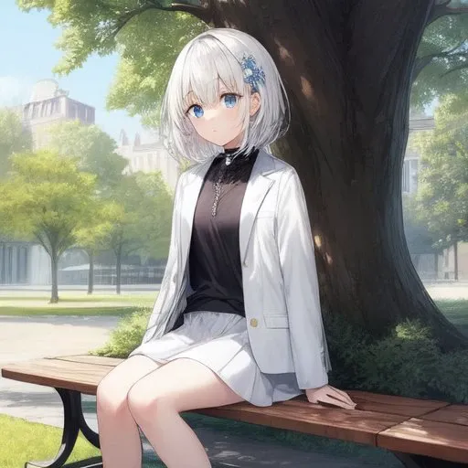 ((masterpiece, best quality,)) 1girl, short hairs, white hairs, blue eyes, black shirt, white jacket, white skirt, medium skirt, sitting on a bench, hair ornament, tree, park, <lora:add_detail:0.5>,