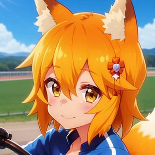 (track:1.3), blue sky, (on a motorcycle:1.3), <lora:senkoLora_v4:1> 1girl, sen, animal ears, fox ears, fox girl, fox tail, hair flower, hair ornament, orange eyes, orange hair, short hair, tail, smile, looks the viewer, upper body