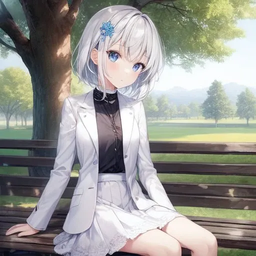 ((masterpiece, best quality,)) 1girl, short hairs, white hairs, blue eyes, black shirt, white jacket, white skirt, medium skirt, sitting on a bench, hair ornament, tree, park, <lora:add_detail:0.5>,