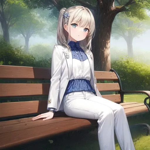 ((masterpiece, best quality,)) american shot , 1girl, short, white , blue , black shirt, white jacket, white pants, , sitting on a bench, hair ornament, tree, park, <lora:add_detail:0.6>,