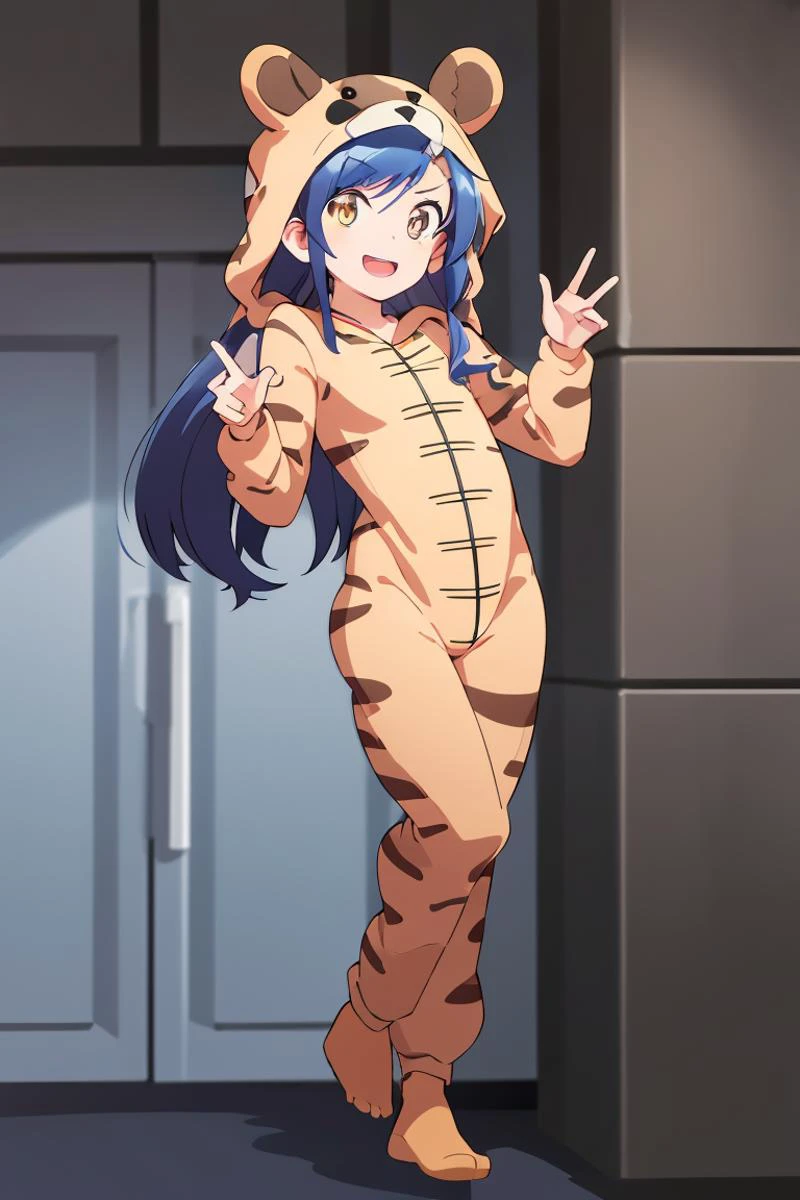 (masterpiece, best quality), <lora:fumino_v2:0.7> , fumino furuhashi, blue_hair, ((ambar_eyes)), full body, ((tall)), flat chest, ((solo)), (1girl), <lora:OnesiePJs:0.8> , brown onesie, animalonesie, smile, v sign