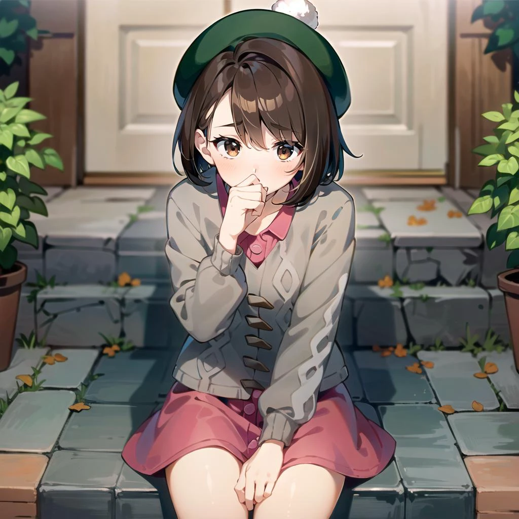 outdoors, (age:1.2), (shushing:1.4), <lora:í¬ì¼ëª¬-ê¸ë¡ë¦¬ì_gloria_(pokemon)_v1:0.8>, brown hair, bob cut, brown eyes, tam o' shanter, grey cardigan, collared dress, pink dress, (shy:1.4), parted lips,