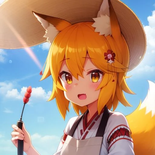 <lora:senkoLora_v4:1>, 1girl, animal ear fluff, animal ears, apron, bangs, blonde hair, blush, contrail, fang, flower, fox ears, fox girl, fox tail, greyscale, hair between eyes, hair flower, hair ornament, holding, japanese clothes, long sleeves, looking at viewer, open mouth, red flower, ribbon trim, sen, short hair, speech bubble, sun hat, tail, upper body, white kimono