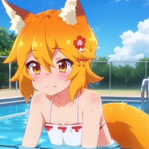 (pool:1.3), blue sky, in a swimming pool
 <lora:senkoLora_v4:1> 1girl, sen, animal ears, fox ears, fox girl, fox tail, hair flower, hair ornament, orange eyes, orange hair, short hair, tail
embarrassment, embarrassed
floats, looks at the viewer