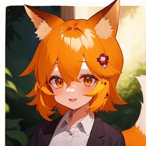 (dark forest:1.3), night, <lora:senkoLora_v4:1> 1girl, sen, animal ears, fox ears, fox girl, fox tail, hair flower, hair ornament, orange eyes, orange hair, short hair, tail, smile, looks the viewer, upper body, (police uniform:1.3)