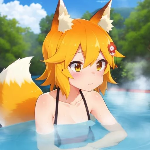 (Hot Springs:1.3), blue sky, in hot springs,  <lora:senkoLora_v4:1> 1girl, sen, animal ears, fox ears, fox girl, fox tail, hair flower, hair ornament, orange eyes, orange hair, short hair, tail, embarrassment, embarrassed, floats, looks at the viewer