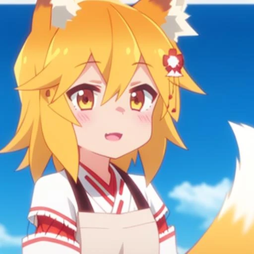 <lora:senkoLora_v4:1>, 1girl, animal ear fluff, animal ears, blonde hair, blue sky, blush, detached collar, fox ears, fox girl, fox tail, hair between eyes, hair flower, hair ornament, japanese clothes, looking at viewer, miko, monochrome, open mouth, parted lips, sen, sen-anime, short hair, smile, solo, speech bubble, upper body