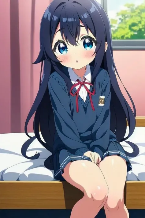 Yoshimoto_Shizuka, :o, blush, long hair, school uniform, sitting, looking at viewer, bed, cover body <lora:yoshimoto_shizuka-10:0.6>