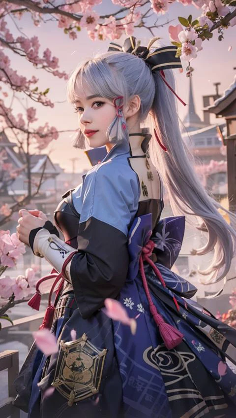 masterpiece, best quality, 1girl, kamisato ayaka, solo, armor, ponytail, blunt bangs, smile, bangs, long hair, breastplate, gloves, blue eyes, hair ornament, hair ribbon, ribbon, mole, mole under eye, sidelocks, japanese clothes, black gloves, grey eyes, skirt, japanese armor, tress ribbon, armored dress, blue hair, petals, light blue hair, arm guards, blue skirt, long sleeves, fingerless gloves, tassel, bridal gauntlets, dress, grey hair, skirt hold, breasts, snowflakes, vambraces, wide sleeves, floating hair, bow, hakama, cowboy shot, hakama skirt, sakura background, deep shadow, closed mouth<lora:AyakaKamisato:1.0>