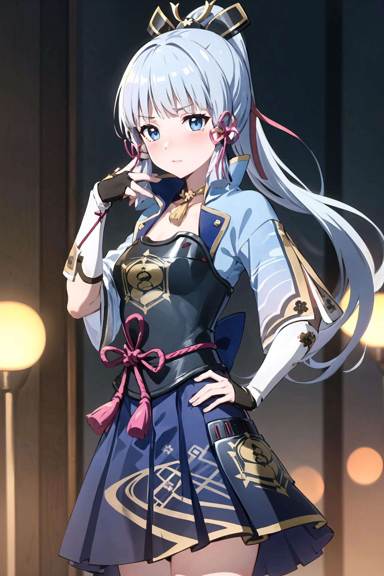 (masterpiece:1.2),(extremely detailed CG unity 8k wallpaper),best illustration,ultra detailed,top quality,absurdres,Unreal Engine,solo,1girl,kamisato ayaka \(genshin impact\),long hair,blue hair,ponytail,hair ribbon,hair ornament,mole under eye,blue eyes,breastplate,armor,short sleeves,japanese clothes,blue skirt,tassel,gloves,arm guards,(disgust:1.3),(jitome:1.3),disdain,blush,(correct hand:1.2),(correct fingers:1.2),sharp focus,depth of field,(bokeh:1.3),(looking_at_viewer:1.3),anime screencap,<lora:animemix_v3_offset:0.4>,simple_background,abstract_background,<lora:AyakaKamisato:1>,hand on hip,