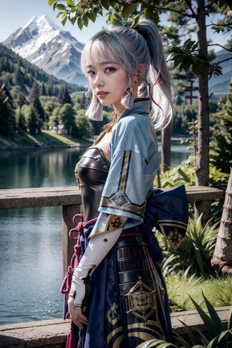 (realistic:1.3), finely detailed, quality, rembrandt lighting, (masterpiece:1.2), (photorealistic:1.2), (best quality), (detailed skin:1.3), (intricate details), dramatic, ray tracing, 1girl, kamisato ayaka, 21 years old, detailed skin texture, (blush:0.5), (goosebumps:0.5), subsurface scattering, smiling, medium breasts, long hair,blue hair,ponytail,hair ribbon, hair ornament,mole under eye, blue eyes,breastplate,armor, short sleeves,japanese clothes,blue skirt, tassel,gloves, arm guards, dynamic pose, (bright sunny day, outdoors, mountains in far distance, trees, nature, lake), <lora:AyakaKamisato:1>