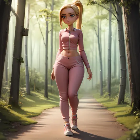 ((masterpiece, best quality)),(complex lighting),solo,1girl, full body, courtney babcock, blue eyes, ponytail, blonde hair, midriff, pants, sneakers, <lora:CourtneyBabcock1-10:0.6>,walking, forest,