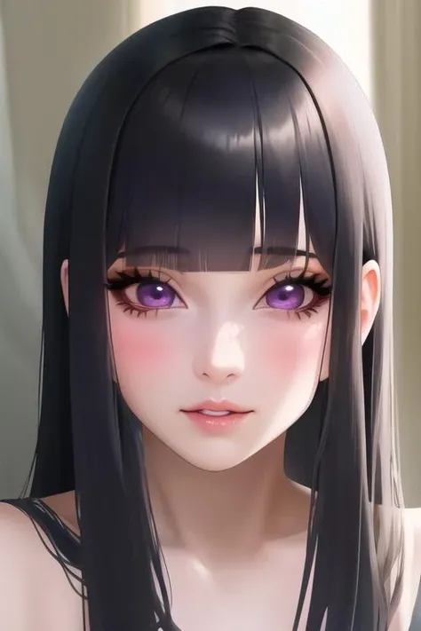 yiqiang, 1girl, solo, long hair, looking at viewer, bangs, black hair, purple eyes, parted lips, blunt bangs, eyelashes, portrait, straight hair, <lora:YiQiang-av3-000004:0.75>, masterpiece, best quality, highres