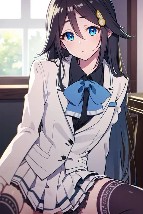 reinaizumi, <lora:reinaizumitest:1>,
reina izumi, black hair, blue eyes, hair flaps, hair ornament, long hair, (small breast:1.2),
BREAK black shirt, black thighhighs, blazer, white blazer, blue bow, bow, brown footwear, frills, jacket, white jacket, loafers, long sleeves, pleated skirt, school uniform, shirt, shoes, skirt, thighhighs, white skirt, zettai ryouiki,
BREAK looking at viewer,
BREAK indoors, classroom,
BREAK <lora:GoodHands-vanilla:1>, (masterpiece:1.2), best quality, high resolution, unity 8k wallpaper, (illustration:0.8), (beautiful detailed eyes:1.6), extremely detailed face, perfect lighting, extremely detailed CG, (perfect hands, perfect anatomy),