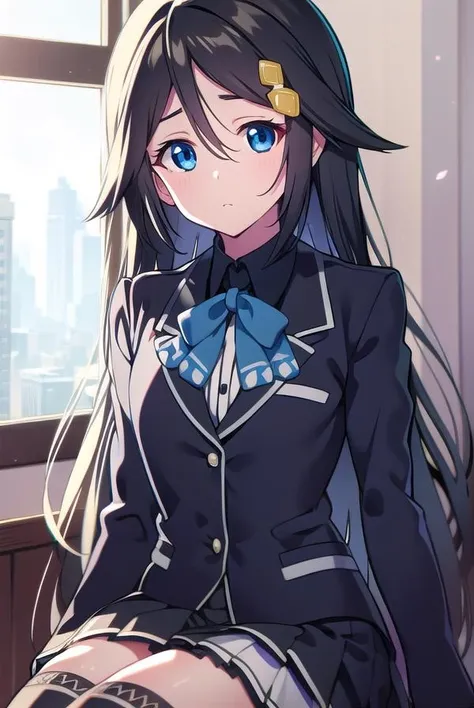 reinaizumi, <lora:reinaizumitest:1>,
reina izumi, black hair, blue eyes, hair flaps, hair ornament, long hair, (small breast:1.2),
BREAK black shirt, black thighhighs, blazer, white blazer, blue bow, bow, brown footwear, frills, jacket, white jacket, loafers, long sleeves, pleated skirt, school uniform, shirt, shoes, skirt, thighhighs, white skirt, zettai ryouiki,
BREAK looking at viewer,
BREAK indoors, classroom,
BREAK <lora:GoodHands-vanilla:1>, (masterpiece:1.2), best quality, high resolution, unity 8k wallpaper, (illustration:0.8), (beautiful detailed eyes:1.6), extremely detailed face, perfect lighting, extremely detailed CG, (perfect hands, perfect anatomy),