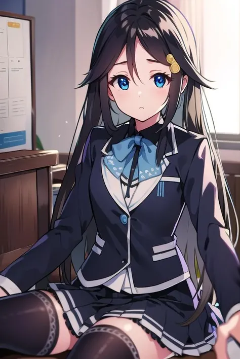 reinaizumi, <lora:reinaizumitest:1>,
reina izumi, black hair, blue eyes, hair flaps, hair ornament, long hair, (small breast:1.2),
BREAK black shirt, black thighhighs, blazer, white blazer, blue bow, bow, brown footwear, frills, jacket, white jacket, loafers, long sleeves, pleated skirt, school uniform, shirt, shoes, skirt, thighhighs, white skirt, zettai ryouiki,
BREAK looking at viewer,
BREAK indoors, classroom,
BREAK <lora:GoodHands-vanilla:1>, (masterpiece:1.2), best quality, high resolution, unity 8k wallpaper, (illustration:0.8), (beautiful detailed eyes:1.6), extremely detailed face, perfect lighting, extremely detailed CG, (perfect hands, perfect anatomy),