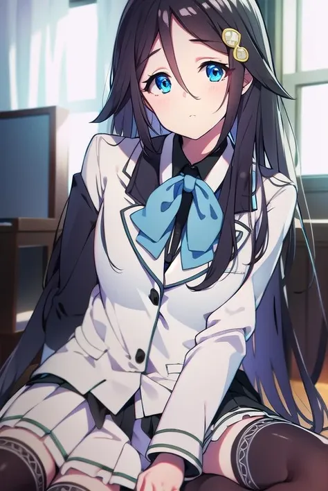 reinaizumi, <lora:reinaizumitest:1>,
reina izumi, black hair, blue eyes, hair flaps, hair ornament, long hair, (small breast:1.2),
BREAK black shirt, black thighhighs, blazer, white blazer, blue bow, bow, brown footwear, frills, jacket, white jacket, loafers, long sleeves, pleated skirt, school uniform, shirt, shoes, skirt, thighhighs, white skirt, zettai ryouiki,
BREAK looking at viewer,
BREAK indoors, classroom,
BREAK <lora:GoodHands-vanilla:1>, (masterpiece:1.2), best quality, high resolution, unity 8k wallpaper, (illustration:0.8), (beautiful detailed eyes:1.6), extremely detailed face, perfect lighting, extremely detailed CG, (perfect hands, perfect anatomy),