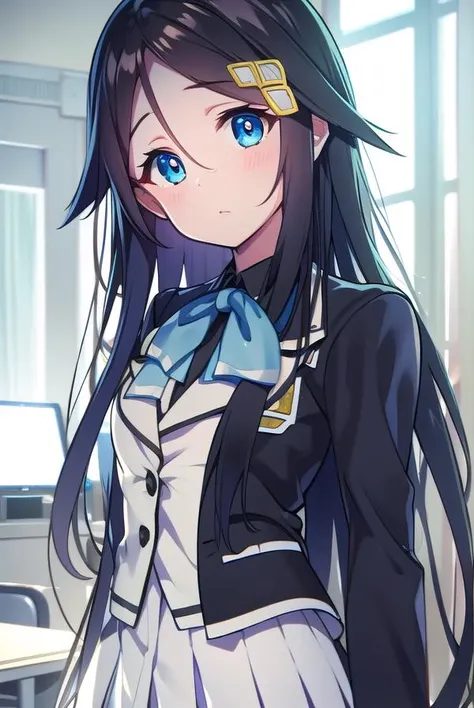reinaizumi, <lora:reinaizumitest:1>, 
reina izumi, black hair, blue eyes, hair flaps, hair ornament, long hair, (small breast:1.2),
BREAK black shirt, black thighhighs, blazer, white blazer, blue bow, bow, brown footwear, frills, jacket, white jacket, loafers, long sleeves, pleated skirt, school uniform, shirt, shoes, skirt, thighhighs, white skirt, zettai ryouiki,
BREAK looking at viewer,
BREAK indoors, classroom,
BREAK <lora:GoodHands-vanilla:1>, (masterpiece:1.2), best quality, high resolution, unity 8k wallpaper, (illustration:0.8), (beautiful detailed eyes:1.6), extremely detailed face, perfect lighting, extremely detailed CG, (perfect hands, perfect anatomy),