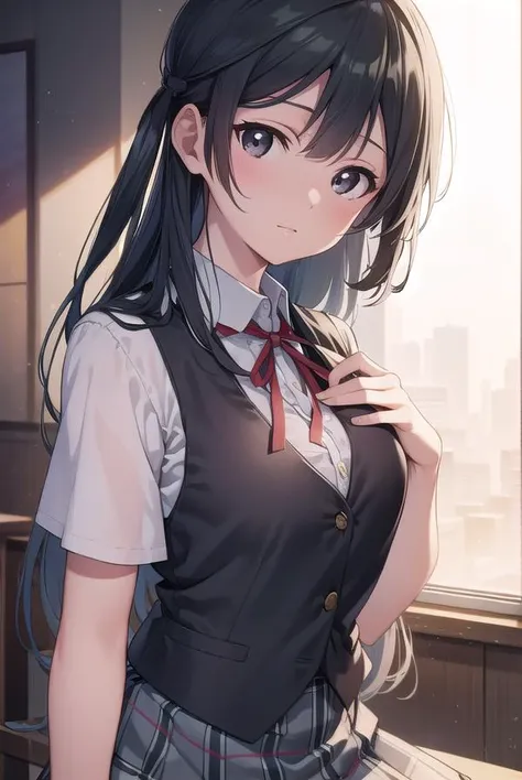 setsunayuuki, <lyco:setsunayuuki-lyco-nochekaiser:1>,
setsuna yuuki, (black eyes:1.5), black hair, long hair, one side up, (medium breast:1.2),
BREAK armband, blue vest, buttons, collared shirt, dress shirt, grey skirt, neck ribbon, nijigasaki academy school uniform, plaid, plaid skirt, pleated skirt, red ribbon, ribbon, school uniform, shirt, short sleeves, skirt, summer uniform, vest, white shirt,
BREAK looking at viewer,
BREAK indoors, classroom,
BREAK <lyco:GoodHands-beta2:1>, (masterpiece:1.2), best quality, high resolution, unity 8k wallpaper, (illustration:0.8), (beautiful detailed eyes:1.6), extremely detailed face, perfect lighting, extremely detailed CG, (perfect hands, perfect anatomy),