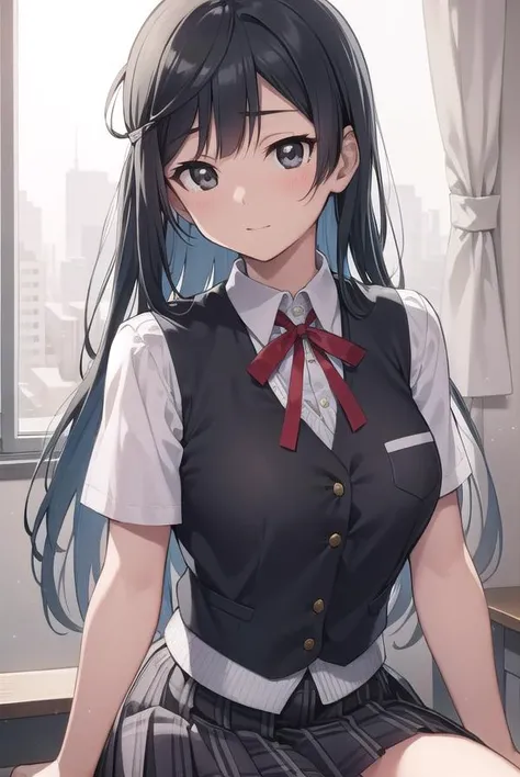 setsunayuuki, <lyco:setsunayuuki-lyco-nochekaiser:1>,
setsuna yuuki, (black eyes:1.5), black hair, long hair, one side up, (medium breast:1.2),
BREAK armband, blue vest, buttons, collared shirt, dress shirt, grey skirt, neck ribbon, nijigasaki academy school uniform, plaid, plaid skirt, pleated skirt, red ribbon, ribbon, school uniform, shirt, short sleeves, skirt, summer uniform, vest, white shirt,
BREAK looking at viewer,
BREAK indoors, classroom,
BREAK <lyco:GoodHands-beta2:1>, (masterpiece:1.2), best quality, high resolution, unity 8k wallpaper, (illustration:0.8), (beautiful detailed eyes:1.6), extremely detailed face, perfect lighting, extremely detailed CG, (perfect hands, perfect anatomy),