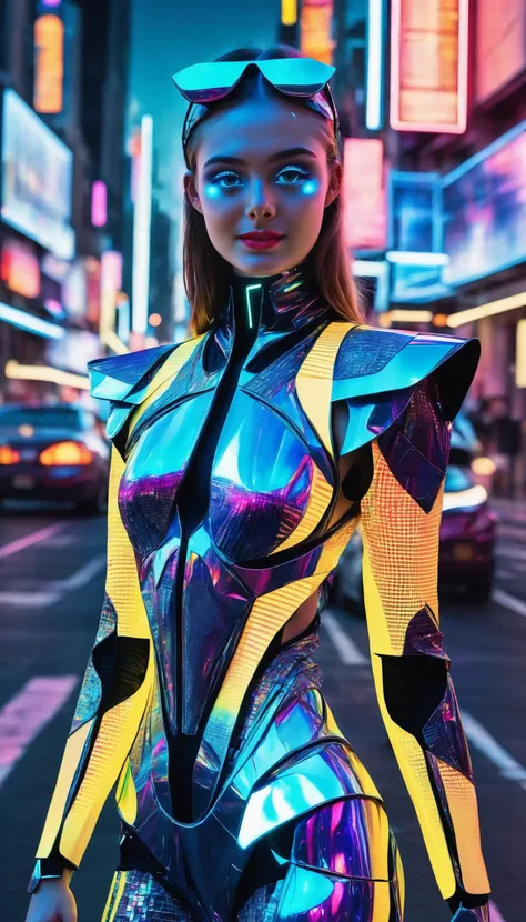 <lora:add-detail-xl:0.1> <lora:elle_fanning-xl-by_hunter547:0.9>, fashion photography, e11ef@nn!ng strides confidently down the neon-lit street, adorned in a futuristic ensemble that blends metallic textures, holographic patterns, and bioluminescent blue accents, a vision of avant-garde fashion, beautiful face, detailed eyes, reality glitch, nanotech, dimensional rift, fractal art, neon android, rebecca stirm, jeff garner, sighsten herrgrd, masterpiece, best quality, 8k, hasselblad