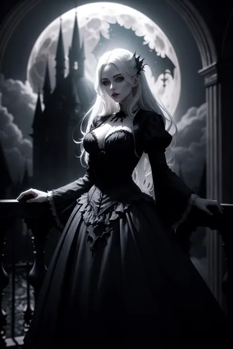 a beautiful gothic vampire. standing on a balconly under the moon. eerie. volumetric light, high dynamic range.