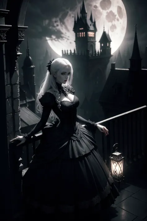 a beautiful gothic vampire. standing on a balconly under the moon. eerie. volumetric light, high dynamic range.