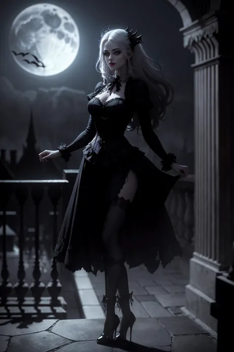 a beautiful gothic vampire. standing on a balconly under the moon. eerie. volumetric light, high dynamic range.