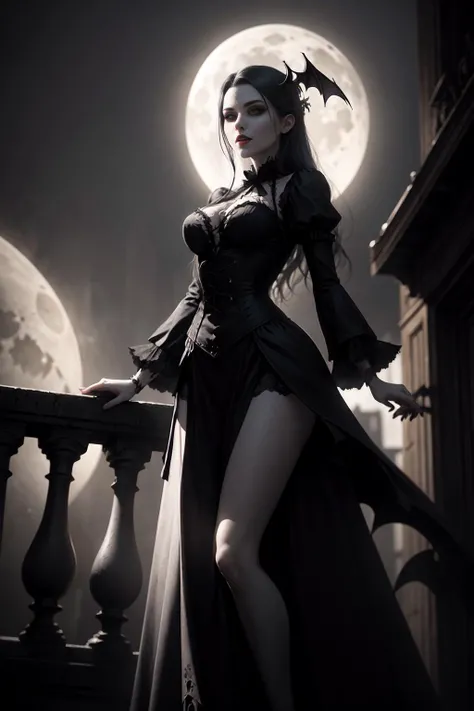 a beautiful gothic vampire. standing on a balconly under the moon. eerie. volumetric light, high dynamic range.