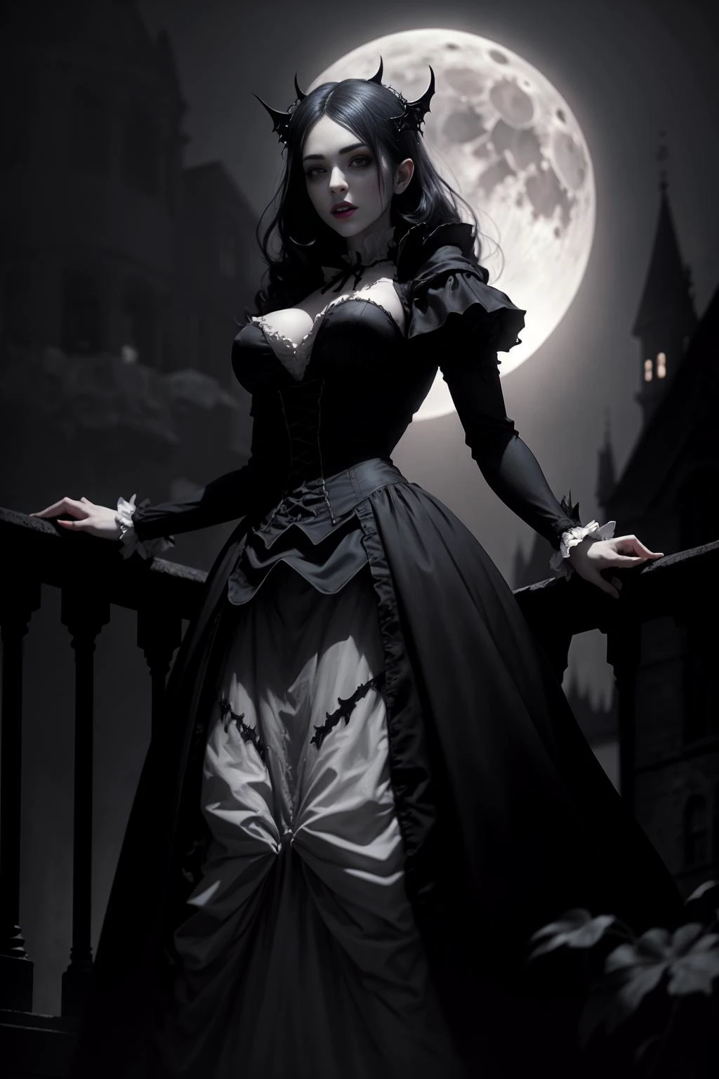 a beautiful gothic vampire. standing on a balconly under the moon. eerie. volumetric light, high dynamic range.