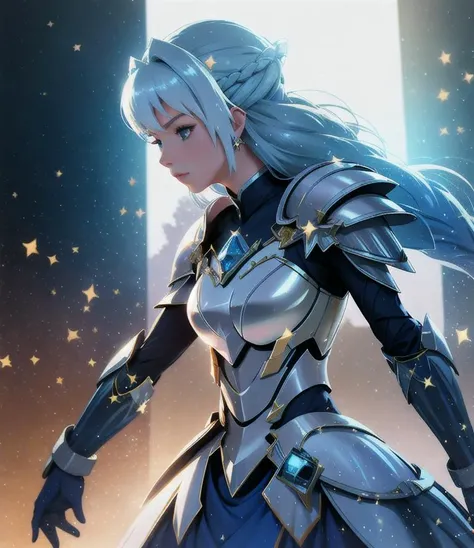 a photography, HD,, photo, woman,realistic, princess warrior, body armor gold, hair white,  couple, dramatic lighting, blue sparkle, 8k, hyperrealistic,  <lora:hoshino yumemi:1>