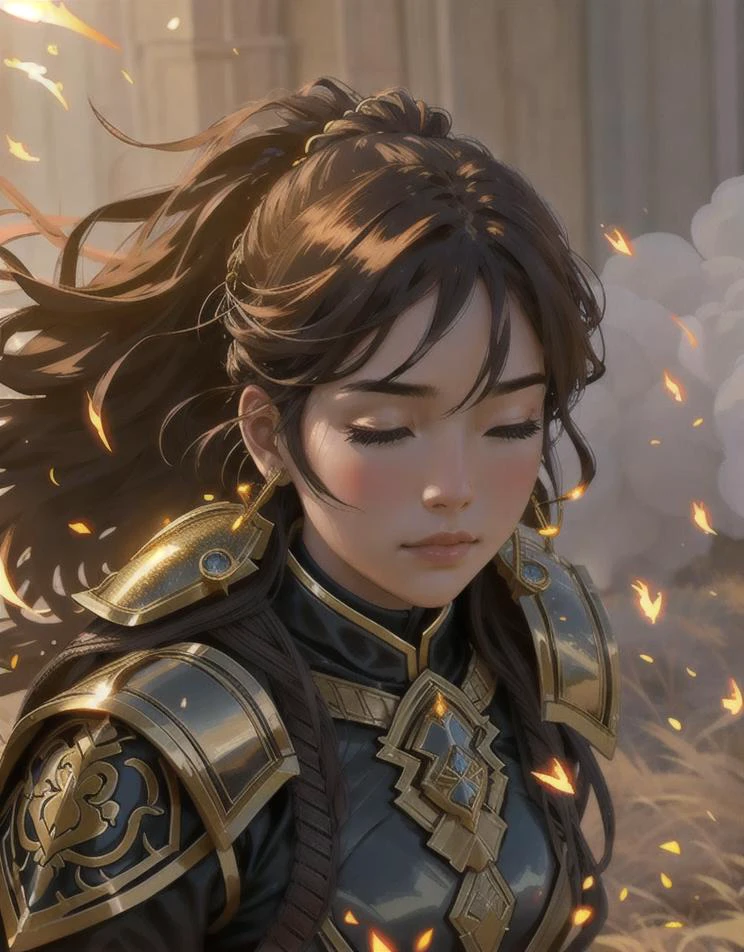 realistic portrait of princess warrior, armor gold, hair black, couple, dramatic lighting, fire smoke sparkle, 8k, hyperrealistic,