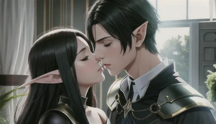 (1boy:0.927), (1girl:0.867), (armor:0.514), (black_hair:0.815), (closed_eyes:0.895), (curtains:0.787), (elezen:0.866), (elf:0.997), (hetero:0.630), (imminent_kiss:0.779), (indoors:0.602), (kiss:0.913), (long_hair:0.613), (pointy_ears:1.000), (shoulder_armor:0.543), (window:0.757)