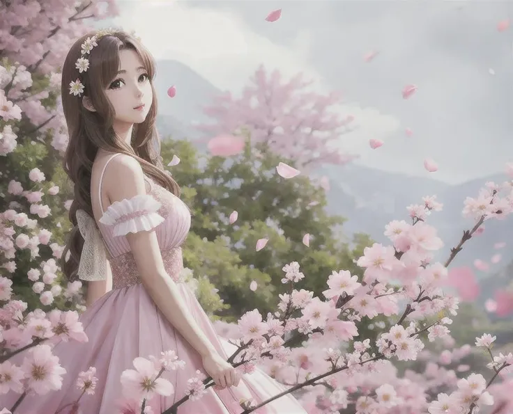 (1girl:0.999), (breasts:0.883), (brown_eyes:0.859), (brown_hair:0.763), (cherry_blossoms:0.866), (cleavage:0.647), (dress:0.797), (flower:0.793), (hair_flower:0.562), (hair_ornament:0.878), (long_hair:0.962), (medium_breasts:0.850), (petals:0.998), (pink_dress:0.507), (solo:0.955), (very_long_hair:0.532), (weapon:0.582)